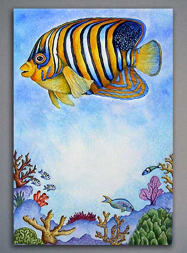 Watercolor illustration of a Queen Angel fish on a coral reef