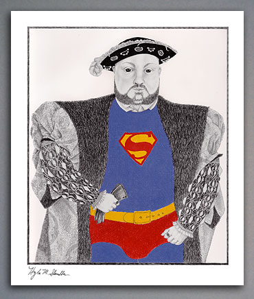 Ebony pencil illustration of Henry VIII in a superman suit