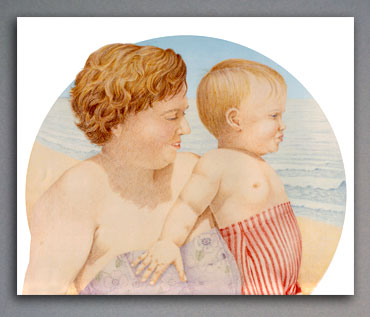 Colored pencil illustration of mother and toddler at the beach