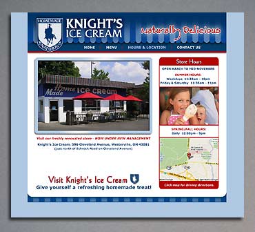 Hours and Directions page of the Knight's Ice Cream website.