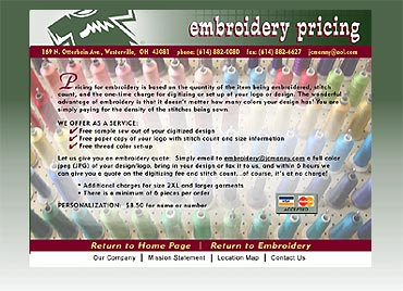 J.C. Manny Embroidery Pricing page.